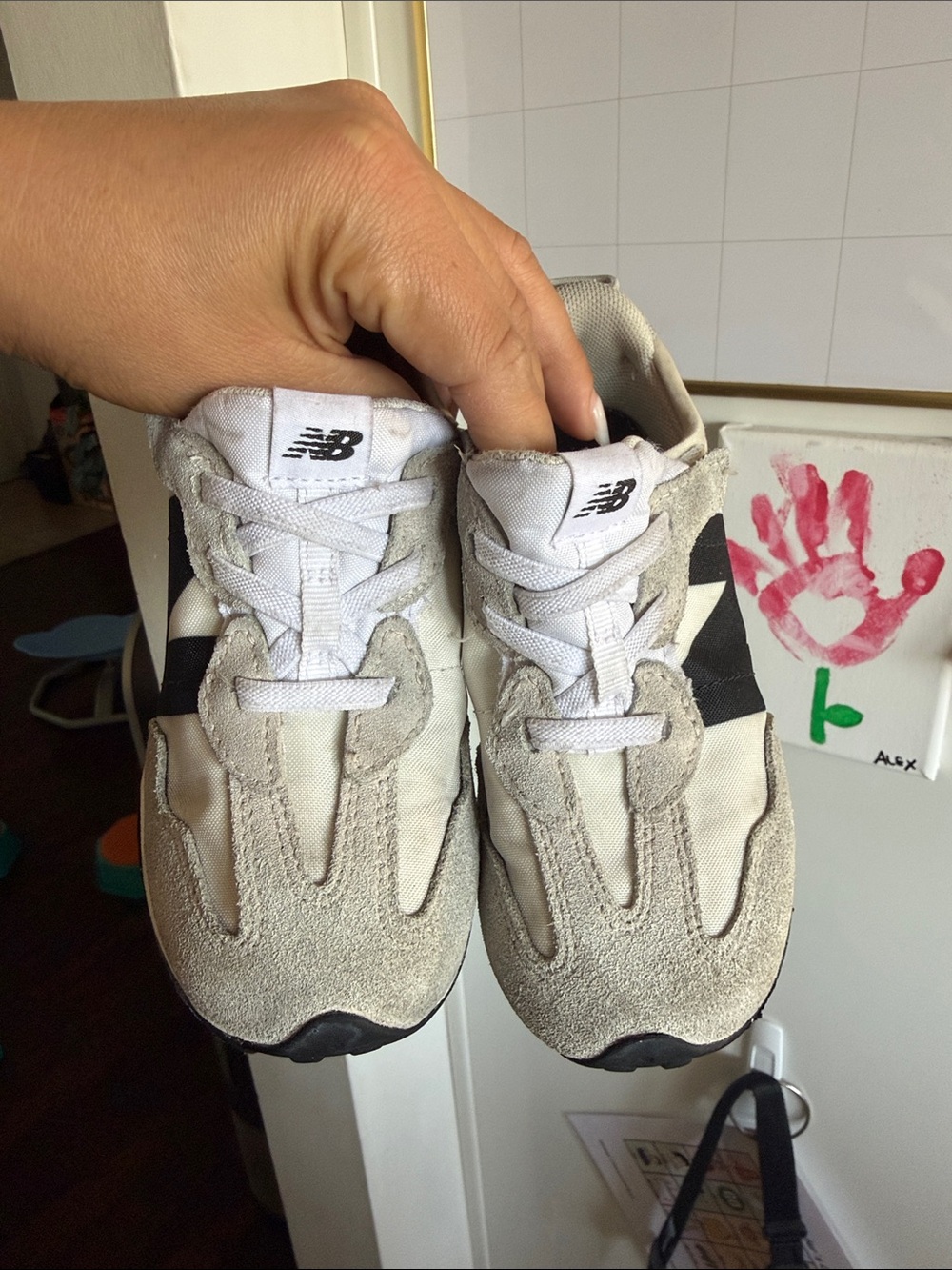 New Balance Kids White and Black Suede Trim Sneakers
